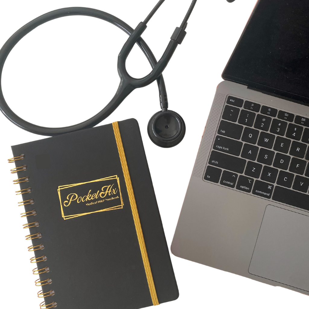 Medical H&P Notebook. PocketHx Notebook with stethoscope and laptop